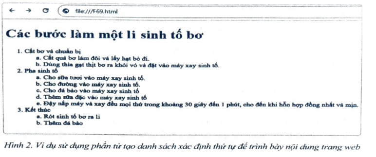 Tạo danh sách xác định thứ tự. Yêu cầu: Soạn văn bản HTML để tạo trang web khi hiển thị trên màn hình trình duyệt web như Hình 2.   (ảnh 1)