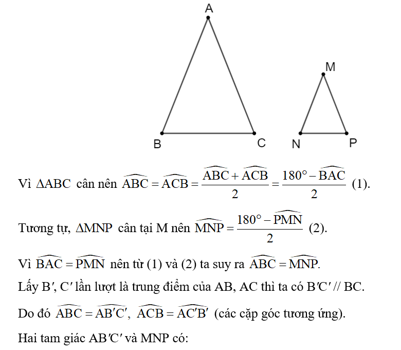 Cho tam giác ABC cân tại đỉnh A và tam giác MNP cân tại đỉnh M.  (ảnh 1)