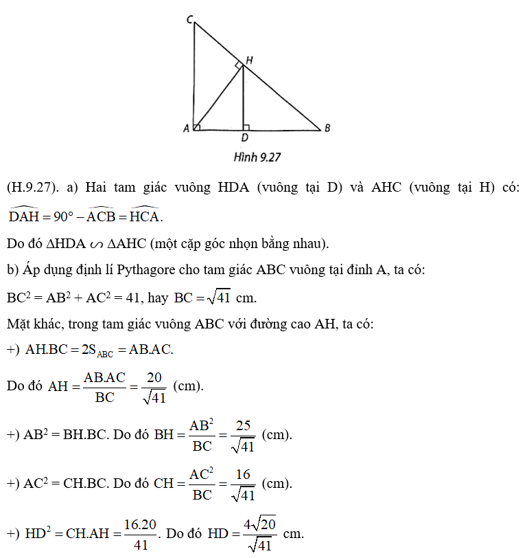 Cho tam giác ABC vuông tại A có AB = 5 cm, AC = 4 cm. Gọi AH, HD lần lượt là các (ảnh 1)