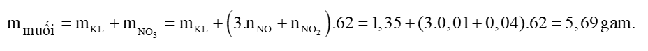 Cho 1,35 gam hỗn hợp gồm Mg, Al, Cu vào dung dịch \[HN{O_3}\]dư thu được hỗn hợp khí gồm 0,01 mol NO và 0,04 mol  (ảnh 1)
