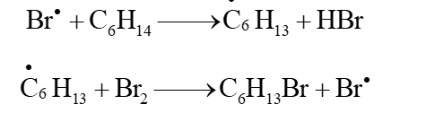 Viết phương trình hoá học của phản ứng giữa hexane với nước bromine (khi chiếu sáng hoặc đun nóng). Viết cơ chế để giải thích quá trình tạo thành sản phẩm monobromohexane bằng cơ chế phản ứng. (ảnh 3)