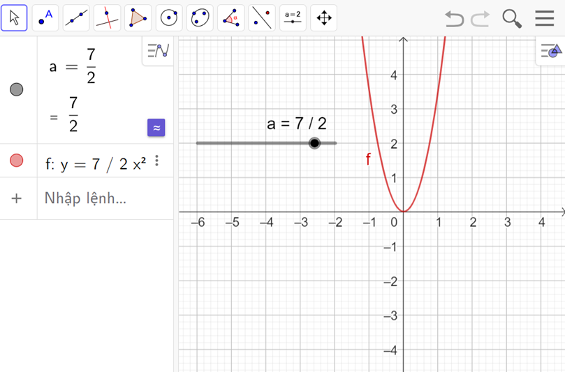 Điều chỉnh a để vẽ đồ thị hàm số khác nhau: y = 7/2 x2 (ảnh 3)