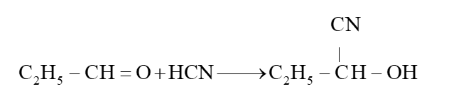 Viết phương trình hoá học của phản ứng xảy ra giữa C2H5CHO và HCN. Viết cơ chế của phản ứng để giải thích quá trình hình thành sản phẩm. (ảnh 1)