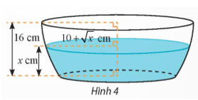 Nếu cắt chậu nước có hình dạng như Hình 4 bằng mặt phẳng song song và cách mặt đáy x (cm), (0 ≤ x ≤ 16) thì mặt cắt là hình tròn có bán kính   (cm). Tính dung tích của chậu.   (ảnh 1)