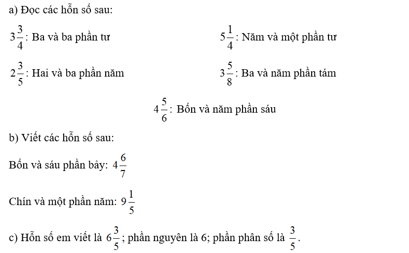 a) Đọc các hỗn số sau:  b) Viết các hỗn số sau: (ảnh 2)