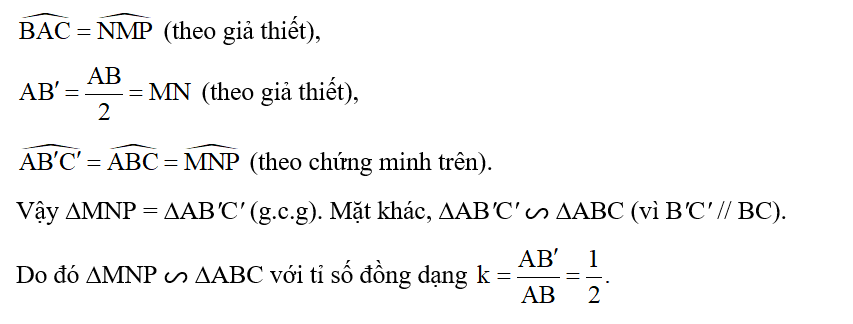 Cho tam giác ABC cân tại đỉnh A và tam giác MNP cân tại đỉnh M.  (ảnh 2)