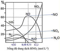 Khi cho aluminium (Al) phản ứng với nitric acid ở nồng độ khác nhau, sẽ hình thành các sản phẩm khử:  (ảnh 2)