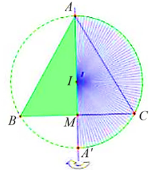 Cho tam giác đều \[ABC\] nội tiếp đường tròn tâm \[I\] đường kính \[AA',{\rm{ }}M\] là trung điểm của \[BC.\] Khi quay tam giác \[ABM\]  (ảnh 1)