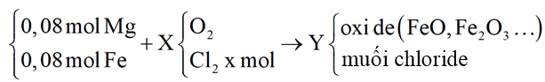 Đốt cháy hỗn hợp gồm 0,08 mol Mg và 0,08 mol Fe với hỗn hợp khí X gồm chlorine và oxygen, sau phản ứng chỉ thu được hỗn hợp Y (ảnh 1)