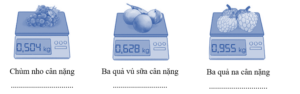 Viết cân nặng của mỗi loại quả sau:   Chùm nho cân nặng  (ảnh 1)