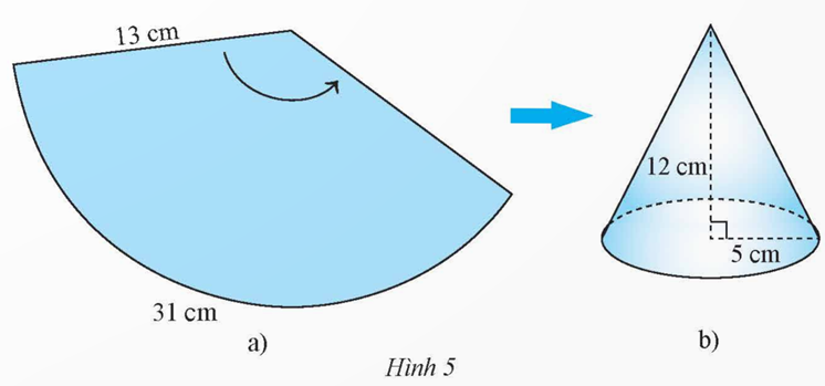 Tạo lập hình nón có chiều cao 12 cm và bán kính đáy 5 cm theo hướng dẫn sau: − Cắt tấm bìa hình quạt tròn có bán kính bằng độ dài đường sinh  (ảnh 1)