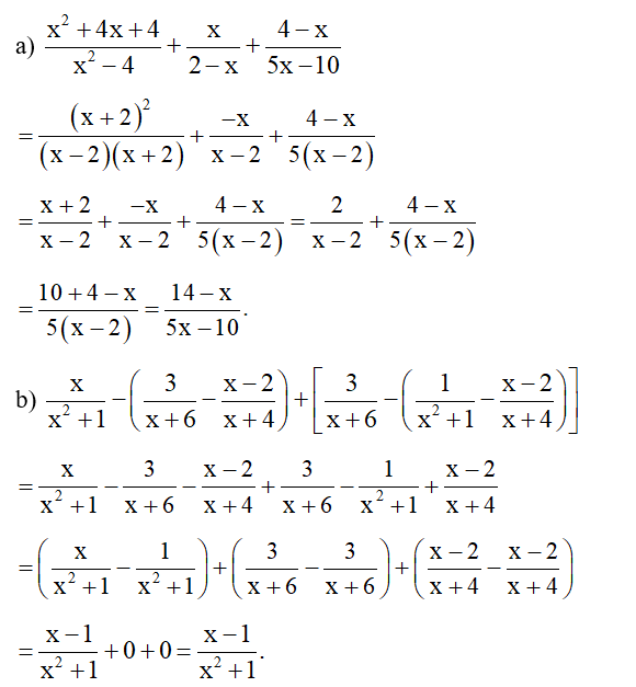 Thực hiện các phép tính.  a) x^2 + 4x + 4/ x^2 -4 + x/ 2-x + 4-x / 5x -10 (ảnh 1)