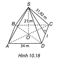 Người ta làm mô hình kim tự tháp ở cổng vào của bảo tàng Louvre. Mô hình có dạng hình chóp tứ giác đều, chiều cao 21 m, độ dài cạnh đáy là 34 m. a) Tính thể tích hình chóp. b) Tính tổng diện tích các tấm kính để phủ kín bốn mặt bên hình chóp này, biết rằng người ta đo được độ dài cạnh bên của hình chóp là 31,92 m. (ảnh 2)