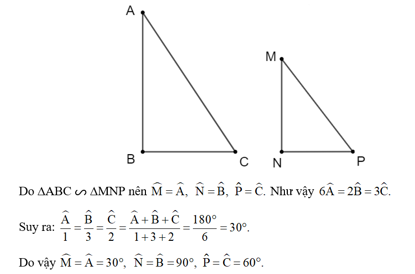 Cho ∆ABC ᔕ ∆MNP. Biết rằng 6 góc A = 2 góc N = 3 góc C. Hãy tính số đo các góc của hai tam giác ABC và MNP. (ảnh 1)