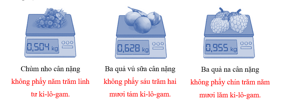 Viết cân nặng của mỗi loại quả sau:   Chùm nho cân nặng  (ảnh 2)