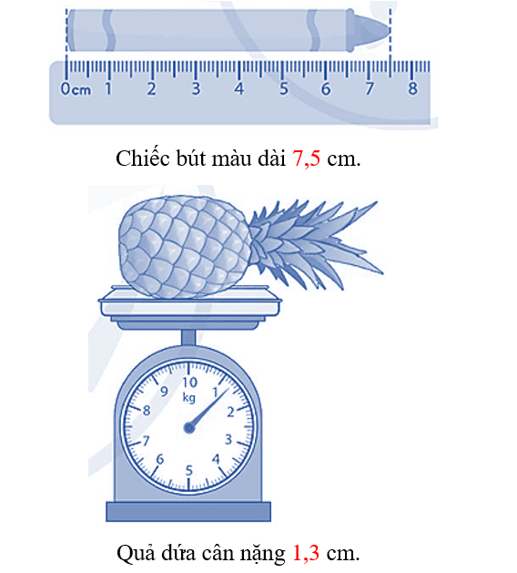 Số?   Chiếc bút màu dài ............... cm.   Quả dứa cân nặng ............. cm. (ảnh 3)