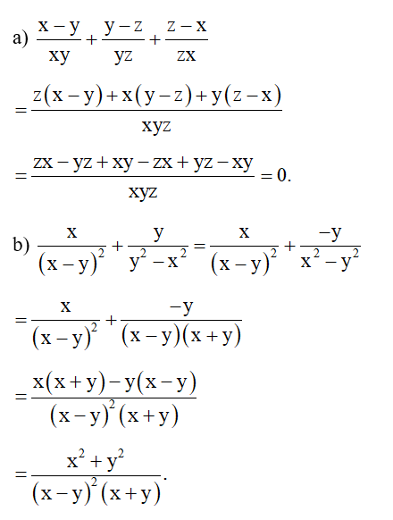 Thực hiện các phép tính.  a) x-y / xy + y-z / yz + z- x/ zx (ảnh 1)