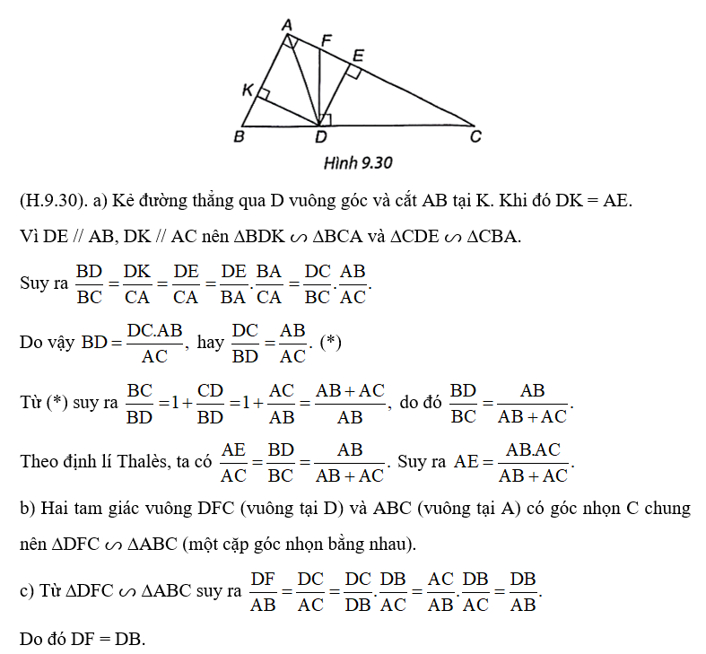 Cho tam giác ABC vuông tại A và các điểm D, E, F như Hình 9.29 sao cho AD là phân (ảnh 2)