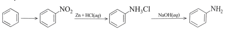 Aniline có thể được tổng hợp từ benzene theo sơ đồ chuyển hoá sau:   Viết phương trình hoá học của các phản ứng theo sơ đồ trên. (ảnh 1)