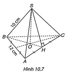 Cho hình chóp tam giác đều S.ABC có các cạnh bên bằng 10 cm, cạnh đáy bằng 12 cm. (H.10.7). Tính diện tích xung quanh của hình chóp tam giác đều S.ABC. (ảnh 1)