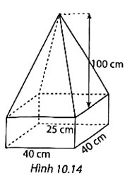 Một khối bê tông có dạng như Hình 10.14. Phần dưới của khối bê tông có dạng hình hộp chữ nhật, đáy là hình vuông có dạng 40 cm, chiều cao 25 cm. Phần trên của khối bê tông có dạng hình chóp tứ giác đều, chiều cao 100 cm. Tính thể tích của khối bê tông đó. (ảnh 1)