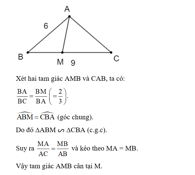 Cho tam giác cân ABC có độ dài các cạnh là AB = AC = 6 cm và BC = 9 cm (ảnh 1)