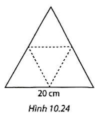 Bạn Trang cắt miếng bìa hình tam giác đều cạnh dài 20 cm (h.10.24) và gấp lại theo các dòng kẻ (nét đứt) để được hình chóp tam giác đều. Tính diện tích xung quanh của hình chóp tam giác đều tạo thành. Cho biết \(\sqrt {75}  \approx 8,66.\) (ảnh 1)