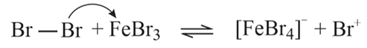 Trình bày cơ chế phản ứng khi cho benzene tác dụng với Br2, xúc tác FeBr3 tạo thành monobromobenzene. Tác nhân electrophile tạo thành từ sự kết hợp giữa Br2 và FeBr3 được biểu diễn như sau: Br2 + FeBr3 → Br+ + [FeBr4]− (ảnh 1)