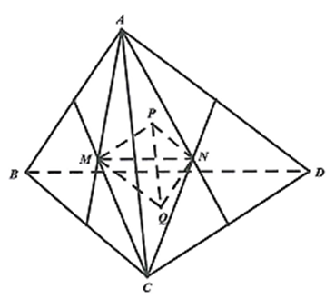 Cho tứ diện \({\rm{ABCD}}\) có thể tích \({\rm{V}}\), gọi \({\rm{M}},\,\,{\rm{N}},\,\,{\rm{P}},\,\,{\rm{Q}}\) lần lượt là trọng tâm tam giác (ảnh 1)