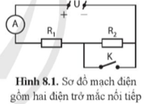 Đặt một hiệu điện thế U vào hai đầu đoạn mạch có sơ đồ như hình 8.1, trong đó có điện trở R1 = 5  , R2 = 10  .  (ảnh 1)