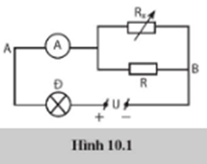 Cho mạch điện như hình 10.1, với UAB = 10 V, R = 5 Q. Trên đèn Đ có ghi 5 V - 10 W (ảnh 1)