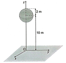 Một quả bóng hình cầu có bán kính 2 m được treo lơ lửng trên một mặt phẳng. Tâm quả bóng đặt cách mặt đất 10 m. Chọn hệ trục tọa độ Oxyz có gốc tọa độ  (ảnh 1)