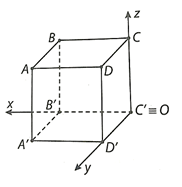 Cho hình lập phương ABCD.A'B'C'D' có độ dài mỗi cạnh bằng 1. Xét hệ tọa độ Oxyz gắn với hình lập phương như hình vẽ bên. (ảnh 1)