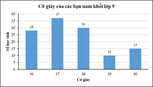 Biểu đồ cột sau đây cho biết cỡ giày của các bạn nam khối lớp 9 trong trường.  Lập bảng tần số và bảng tần số tương đối cho dữ liệu được biểu diễn trên biểu đồ. (ảnh 1)