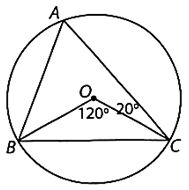 Cho tam giác ABC nội tiếp đường tròn (O). Biết rằng góc BOC = 120 độ và OCA = 20 độ Tính số đo các góc của tam giác ABC. (ảnh 1)