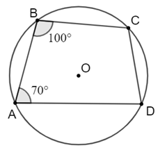 Chọn phương án đúng. Cho tứ giác ABCD nội tiếp một đường tròn với góc A = 70 góc B = 100 Khẳng định nào sau đây là đúng?  (ảnh 1)