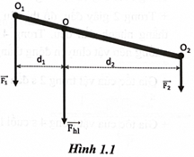 Hình 1.1 minh hoạ quy tắc tổng hợp hai lực có giá song song, cũng chiều. Biết d1 = 4 cm và d2 = 10 cm. (ảnh 1)