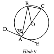 Cho ba điểm A, B, C cùng nằm trên đường tròn (O) sao cho AC đi qua O. Vẽ đoạn thẳng DE tiếp xúc với (O) tại A. Cho biết BAD = 78oTính số đo BCA (ảnh 1)