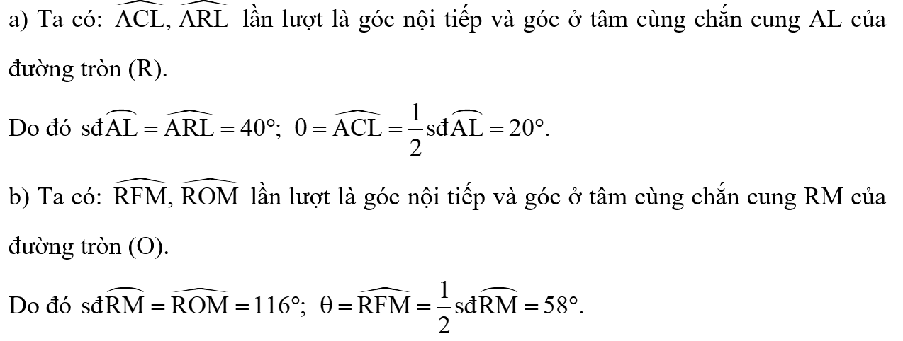 Tìm số đo các cung nhỏ . . và số đo θ của góc nội tiếp tương ứng trong mỗi hình sau: (ảnh 2)