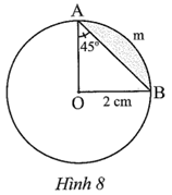 Quan sát Hình 8 và tính: a) số đo cung AmB. b) độ dài cung AmB. c) diện tích hình quạt tròn OAmB. d) diện tích hình viên phân giới hạn bởi cung AmB và dây AB. (ảnh 1)