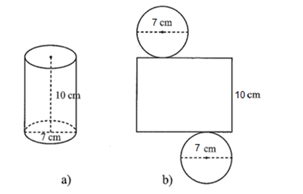 Cho hình trụ có chiều cao 10 cm, đường kính đáy 7 cm (Hình 5a) và hình khai triển của hình trụ đó (Hình 5b). Hãy viết số thích hợp vào mỗi dấu ? trong hình vẽ. (ảnh 2)