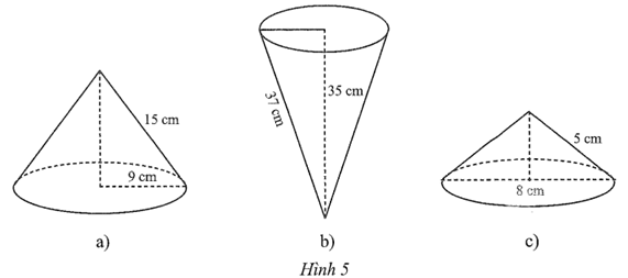 Hãy cho biết bán kính đáy, chiều cao, độ dài đường sinh của mỗi hình nón sau: (ảnh 1)