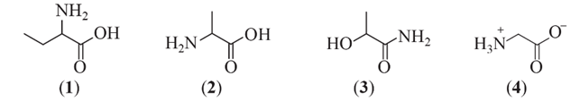 Cho các chất có công thức cấu tạo dưới đây:  Những hợp chất nào trong số các chất trên thuộc loại α-amino acid? (ảnh 1)