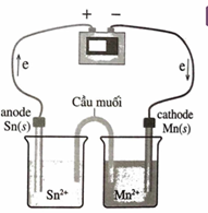 Vẽ một bình điện phân trong đó Mn2+ bị khử thành Mn và Sn bị oxi hoá thành Sn2+ . Ghi nhãn cho cực dương và cực âm, chỉ ra hướng chuyển động của các electron (ảnh 1)