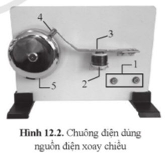 Hình 12.2 là ảnh chụp chuông điện dùng    a) Nêu tên các bộ phận 1, 2, 3, 4, 5 của chuông điện ở hình 12.2. (ảnh 1)