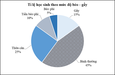 Cho biểu đồ hình quạt tròn biểu diễn tỉ lệ học sinh khối lớp 9 tại một trường Trung học cơ sở theo mức độ béo – gầy dựa vào chỉ số BMI.   (ảnh 1)