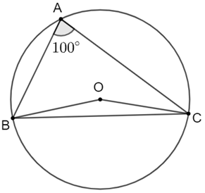 Chọn phương án đúng. Cho tam giác ABC nội tiếp đường tròn (O). Biết góc BAC = 100o hỏi số đo của cung  bằng bao nhiêu? (ảnh 1)