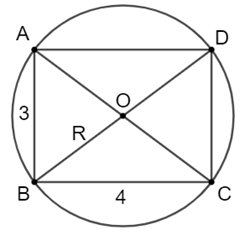 Chọn phương án đúng. Cho hình chữ nhật ABCD có AB = 3 cm, BC = 4 cm và nội tiếp đường tròn (O; R). Khẳng định nào sau đây là sai? A. O là trung điểm của AC. B. O là trung điểm của BD. C. R = 5 cm. D. R = 2,5 cm. (ảnh 1)