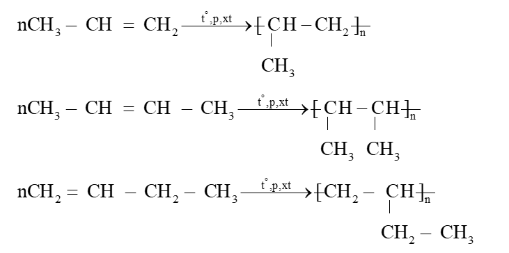 Có các alkene: CH3 – CH = CH2, CH3 – CH = CH – CH3, CH2 = CH – CH2 – CH3. Viết phương trình hoá học của các phản ứng xảy ra khi: a) Cho các alkene trên tác dụng với nước bromine. b) Đốt cháy các alkene trên. c) Trùng hợp các alkene trên. (ảnh 1)