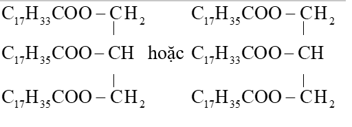 Khi đun nóng một triester của glycerol với acid béo trong dung dịch NaOH người ta thu được glycerol và hỗn hợp hai muối có công thức C17H35COONa và C17H33COONa với tỉ lệ số mol tương ứng là 2 : 1. Hãy viết công thức cấu tạo có thể có của triester trên. (ảnh 1)